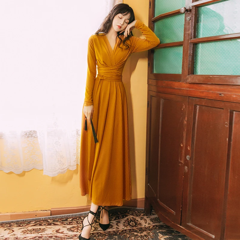 

2021 Новое поступление к платью; Женские вечерние ночное лодыжки-Длина v-образным вырезом оранжевого цвета с однотонным поясом эластичность п...