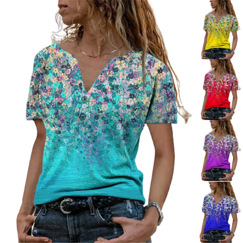 

Elegant Flower Print Button Decoration T-shirt Summer Women V-Neck Short Sleeve Casual Pullover Top Fashion Plus Size Street Tee
