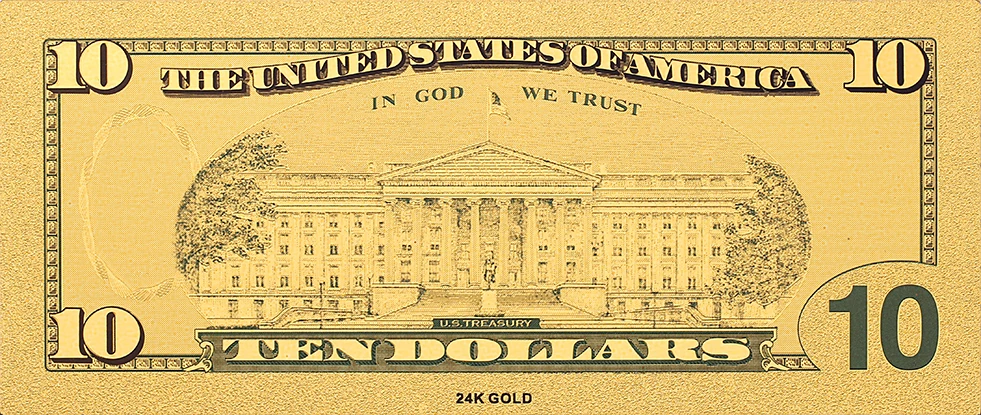 Американский десять долларовая банкнота в центре сообщений течение 24k