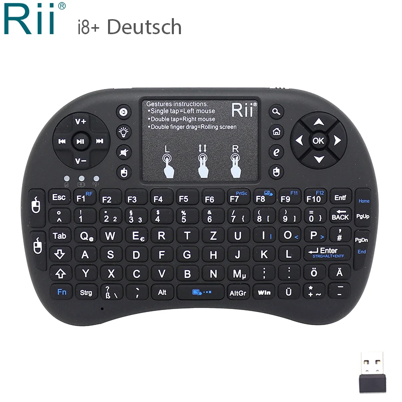 Rii i8+ Пособия по немецкому языку Deutsch мини Беспроводной клавиатура Подсветка 2,4 ГГц Air Мышь с сенсорной панелью для Android ТВ Box Mini PC IPTV для ноутбука
