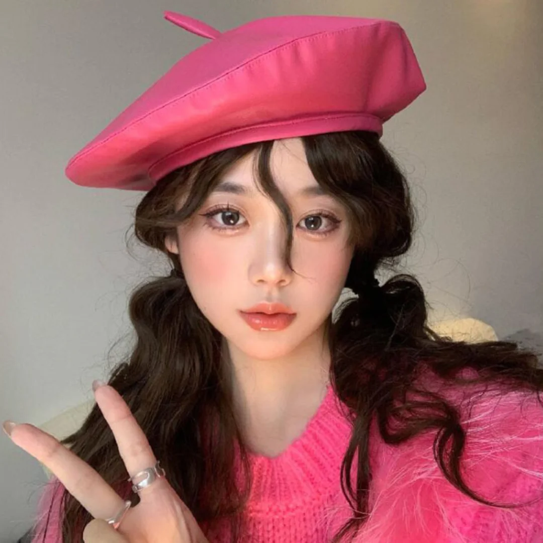 Женский берет из искусственной кожи розово-красный во французском стиле