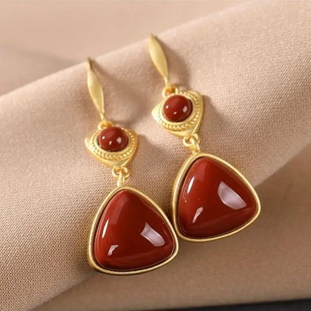 

S925 Sterling Silver Natural Hetian Jade White Jade Gray Jade Red Agate Earrings Unique Geometric Women's Earrings Ear Rings