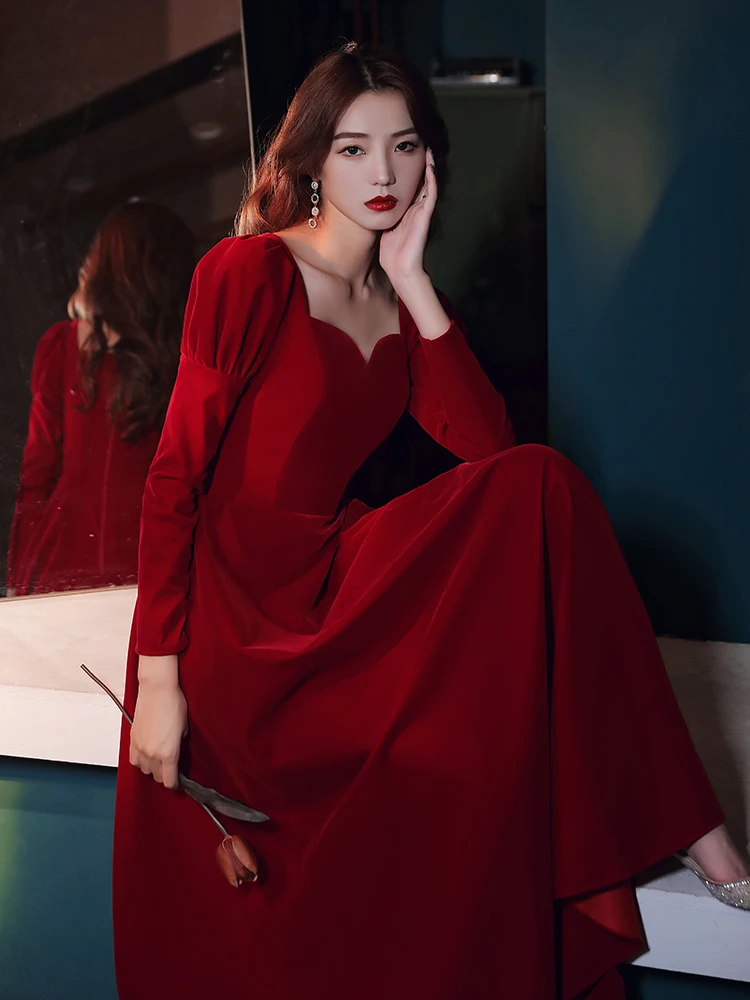 

Red dress bridesmaid dress 2021 new autumn winter dress plus size clothing for women Regular Winter SquareCollar