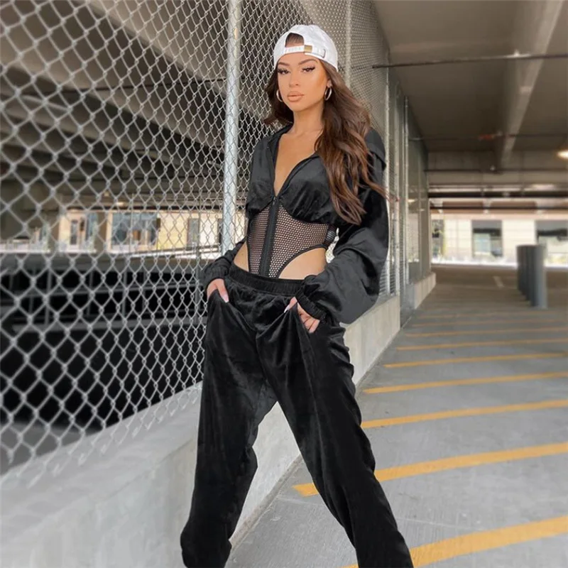

Velvet Mesh Hooded Bodysuit And Pants 2 Piece Sets Long Sleeve Fall Winter Sporty Black Casual Co-ord Outfits 2021 New