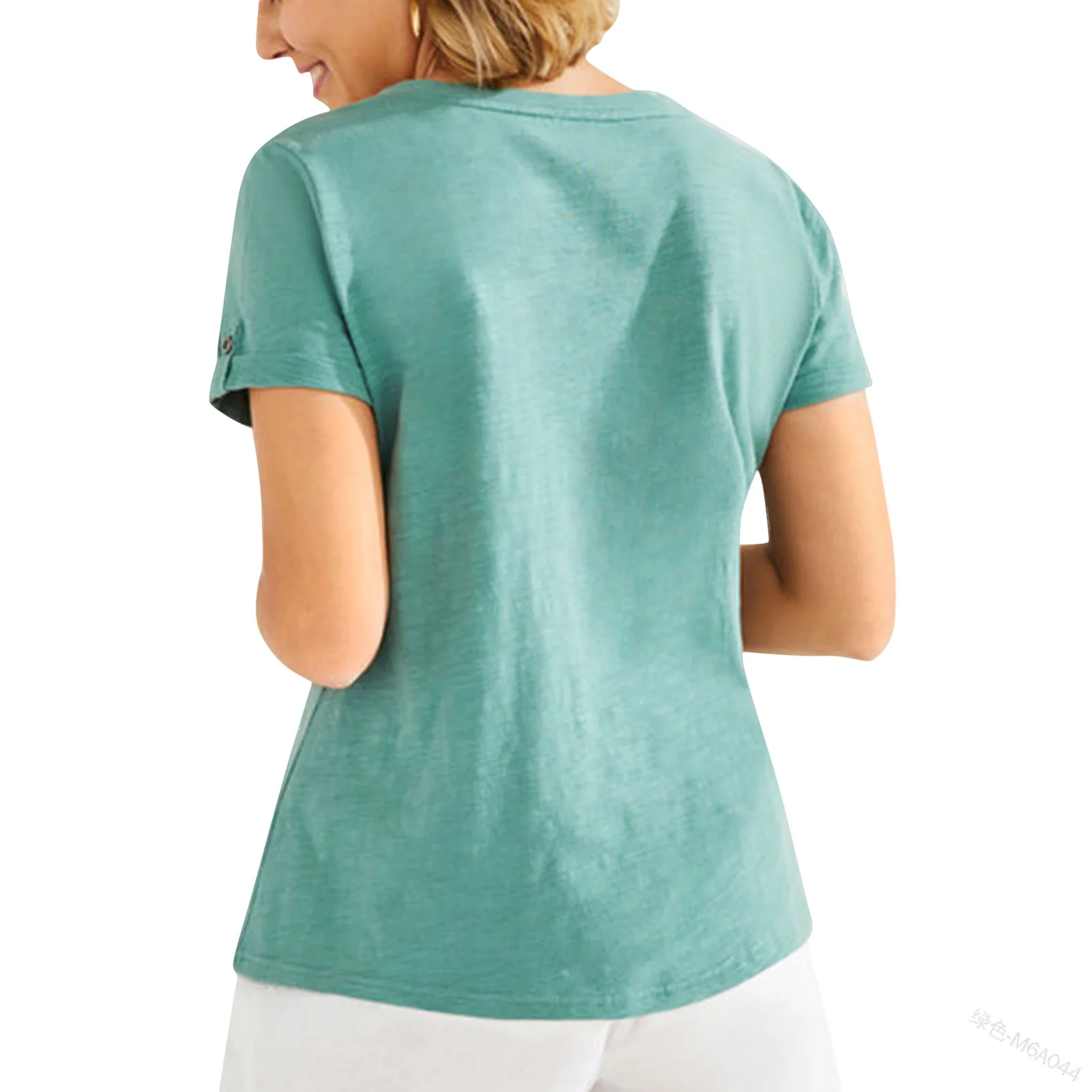 

WEPBEL T-shirt Women's Fashion O-Neck Button Slim-Fit T-shirt Summer Casual Solid Color Short Sleeve Pullover T-shirt