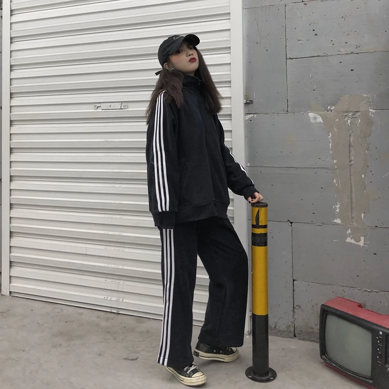 

women sweat suit set tracksuit preppy style solid zipper pockets full length elastic waist bf Harajuku Women's Clothing new