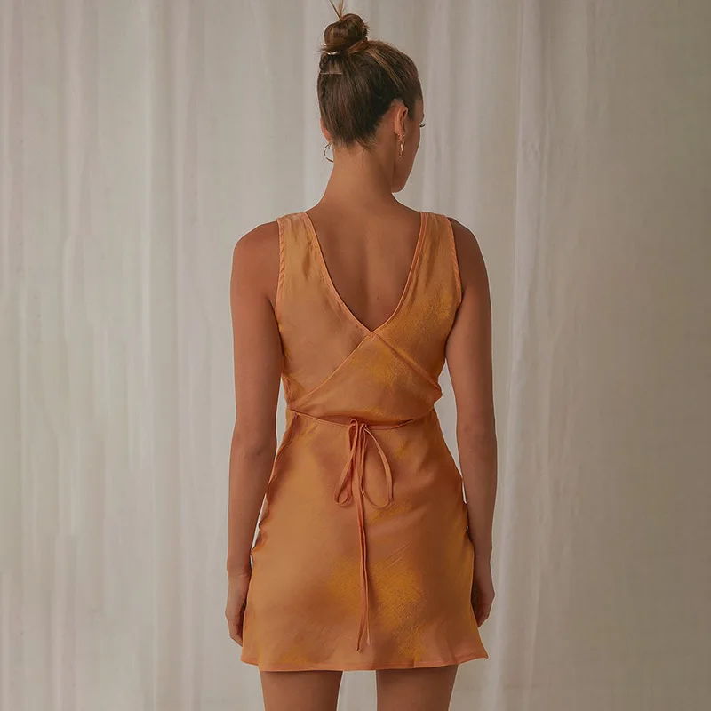 

Casual Sleeveless Dress for Women 2021, Backless Deep V Neck Lace Up Solid Color Slimming Summer Midi