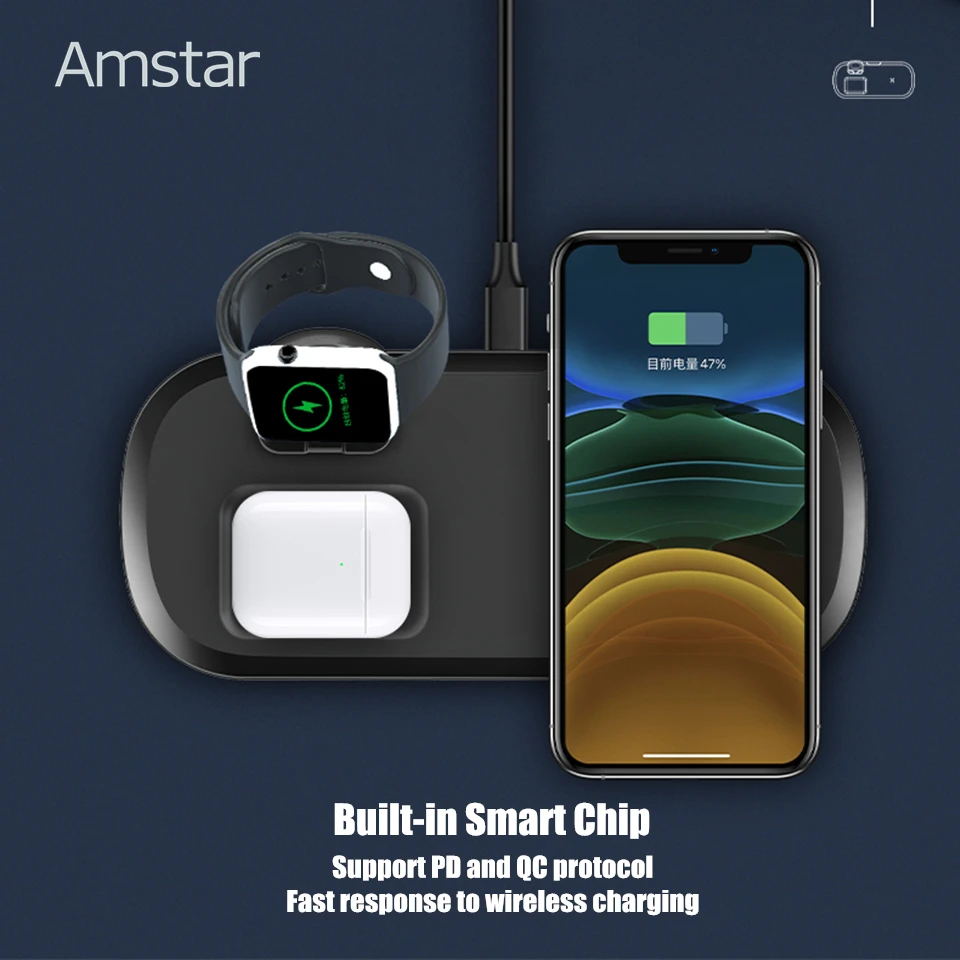 Беспроводное зарядное устройство Amstar Qi 3 в 1 15 Вт быстрая зарядка для iPhone 12 11 Pro Max X