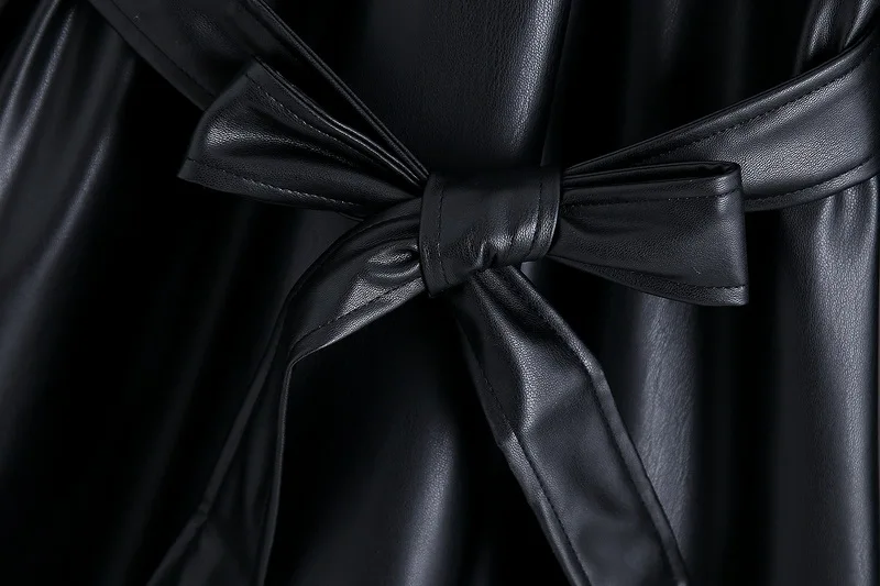 Черное платье из искусственной кожи для женщин осень 2019 новая мода пояс с длинным