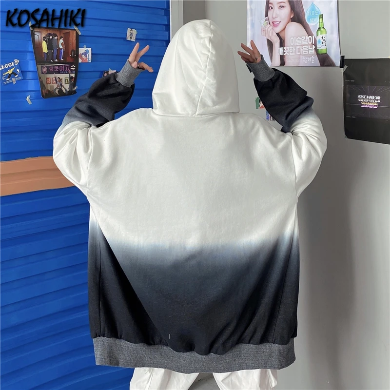 

KOSAHIKI Hip-Hop Autumn Casual Loose Hoodie Women Harajuku Tie Dye Retro Zipper Sweatshirt 2021 Fashion Streetwear Jackets