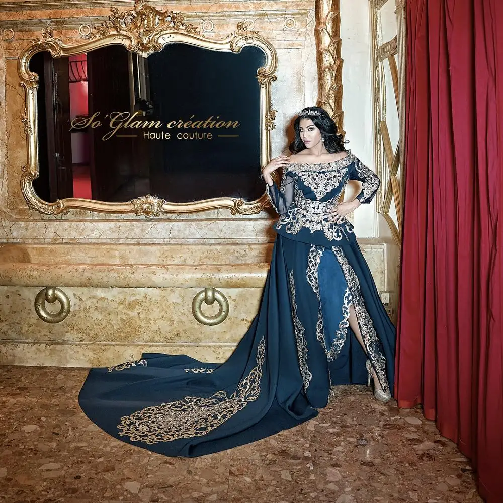

Off The Shoulder Silver Appliques Moroccan Kaftan Evening Dress Plus Size Crystal Muslim Arabic Dubai Special Occasion Dresses