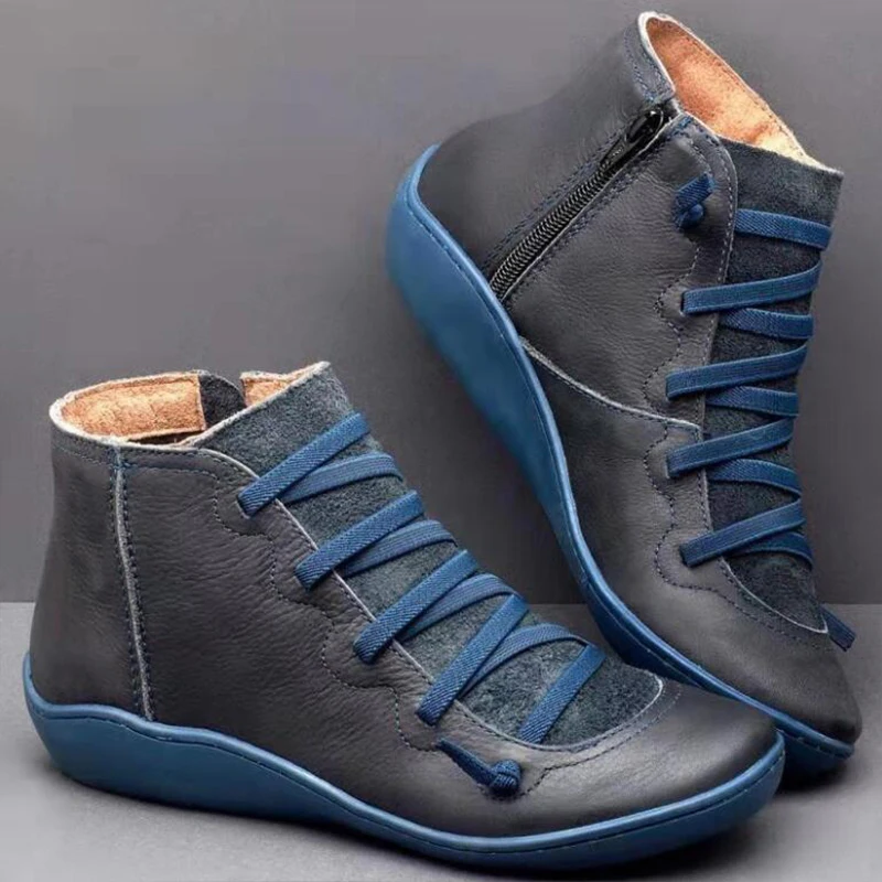 

Women's PU Leather Ankle Boots Women Autumn Winter Cross Strappy Women Punk Boots Flat Short Plush Vintage Punk Mujer Botas