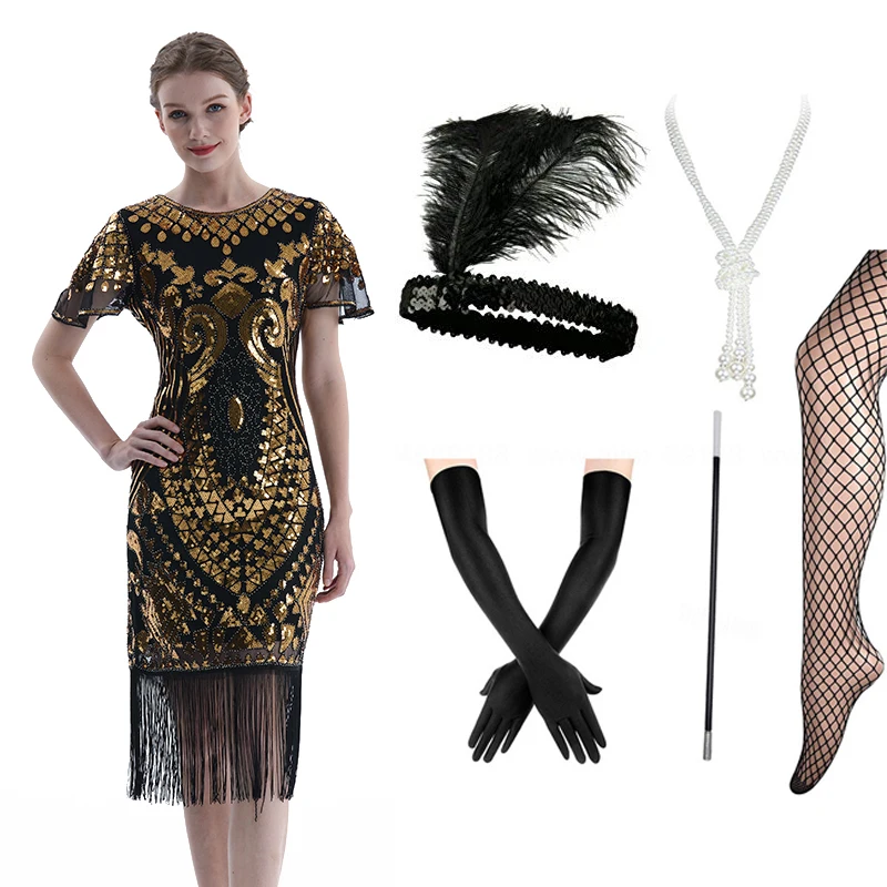 Черное Серебряное платье-хлопушка с рукавами в стиле 20-х годов винтажном Великий