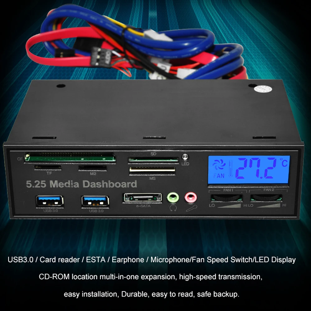 DeepFox Multifunctional USB 3.0 Front Panel 5.25'' Media Dashboard e-SATA MS CF TF SD Card Reader 3.5mm Earphone MIC Interface images - 6