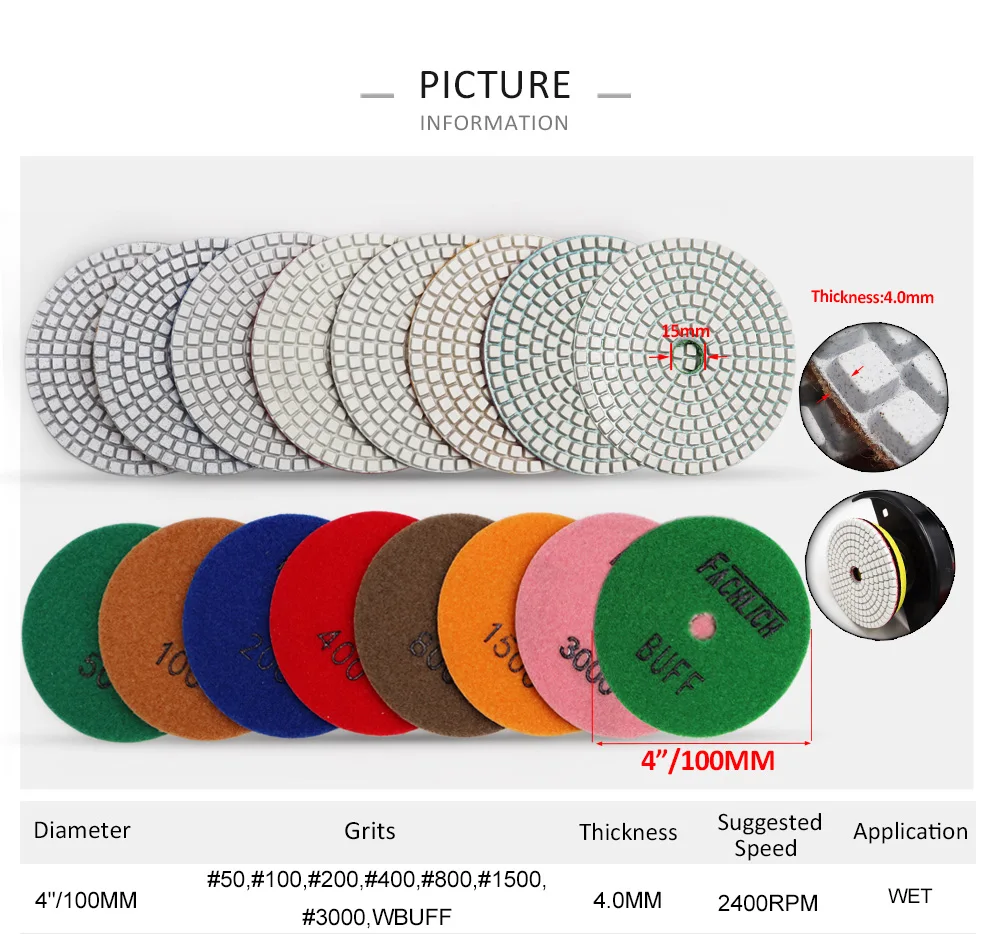 FACHLICH 6pcs/set Wet Diamond Resin Bond Sanding Disc Flexible Polishing Pads For Stone Granite and Marble Dia 100mm/4&quot