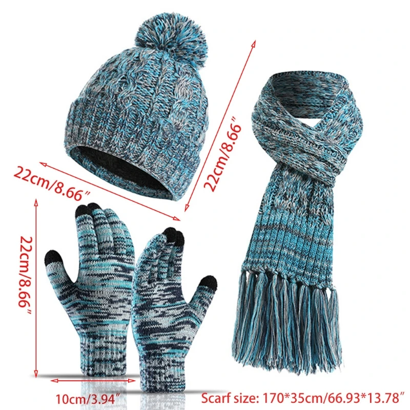 

Women Winter 3Pcs Beanie Hat Tassel Long Scarf Touch Screen Gloves Set Colorful Knit Plush Lined Pompom Cap Neck Warmer