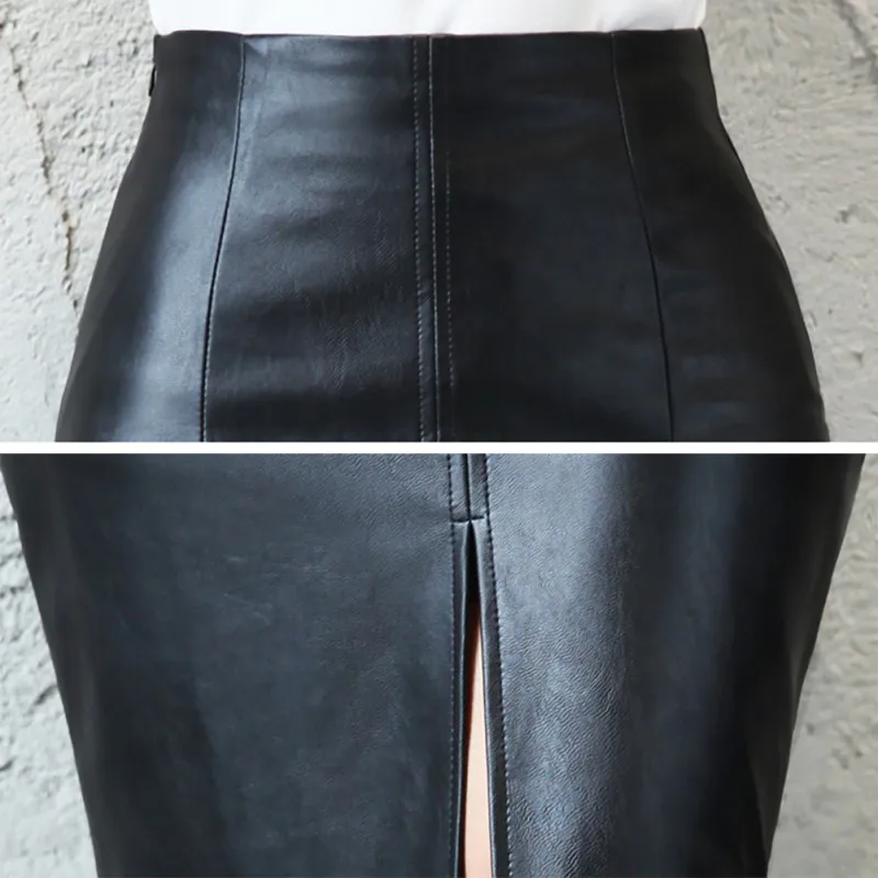 

Lady England Style Sexy Black PU Leather Knee Length Skirt Women Fashion Slit Pencil Hip Skirts