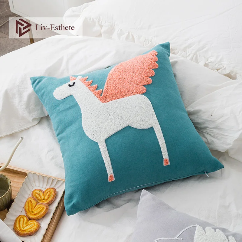 Liv-Esthete мультфильм Милая лошадь синяя вышивка наволочки декоративная квадратная