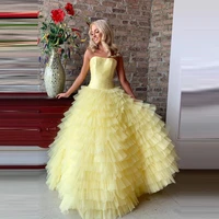 pretty yellow prom dresses lace tiered strapless a line floor length party neght long gowns vestidos de graduaci%c3%b3n2020