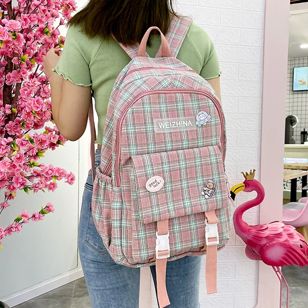 

Casual Plaid Backpack for Teenagers Girls Nylon School Bag Campus Backpacks Fashionable Girl Travel Bags Female Student Bookbags