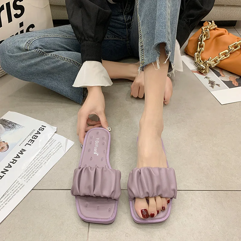 

Shoes Women Slippers Casual Loafers Lady Pantofle Slides Soft Luxury Girl 2021 Summer Flat Microfiber Fabric Rubber Rome PU