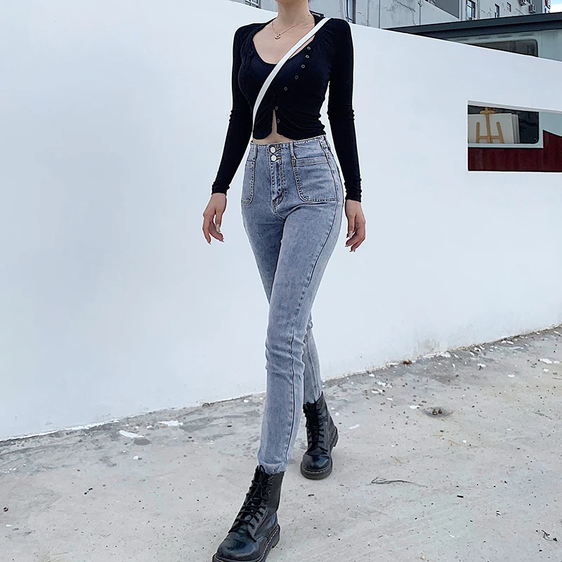 

High Waist Skinny Stretch Jeans Women 2020 Button Korean Trousers Washed Denim Jeans Blue Retro Washed Elastic Slim Pencil Pants
