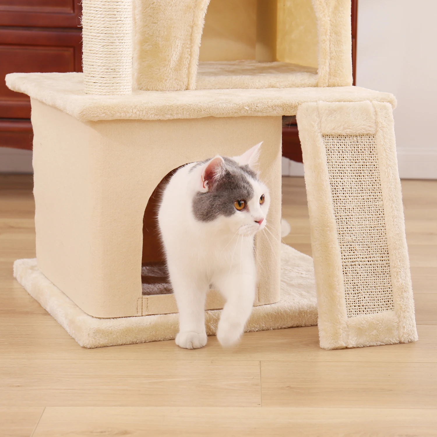 

Hot Catt Tree Multilevel and Luxury Cat Towers 50 Inches with 2 Condos Spacious Perches, Scratching Post Dangling Balls and Ramp