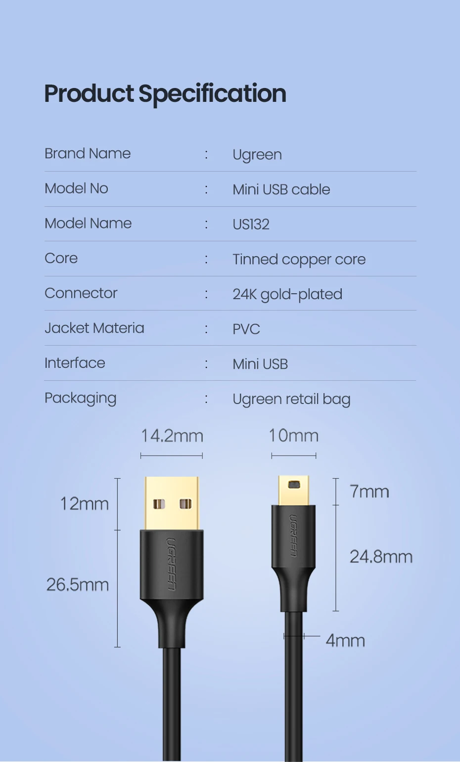 Ugreen Mini USB кабель Mini USB к USB кабель для быстрой зарядки данных для MP3 MP4 плеера Автомобильный видеорегистратор gps цифровая камера HDD Mini USB