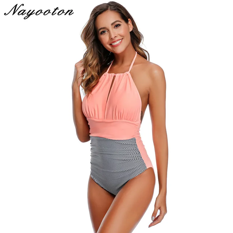 Полосатый Цельный купальник с V образным вырезом и открытой спиной сексуальное