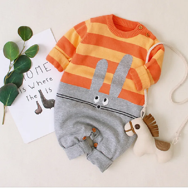 Вязаный детский комбинезон с кроликом для новорожденных осенне-зимняя одежда