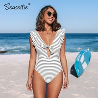 seaselfie stripe bow knot one piece swimsuit sexy v neck open back swimwear women monokini swimsuit 2021 bathing suit beachwear