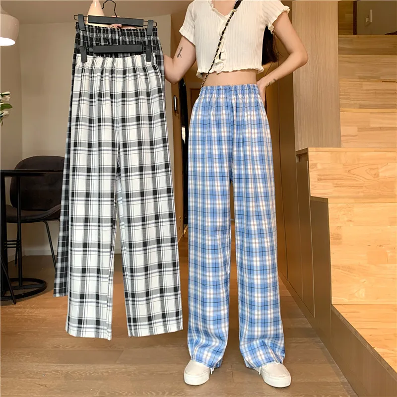 

2021 Простые ретро клетчатые повседневные брюки большого размера свободные женские брюки уличная мода в стиле хип-хоп прямые широкие брюки