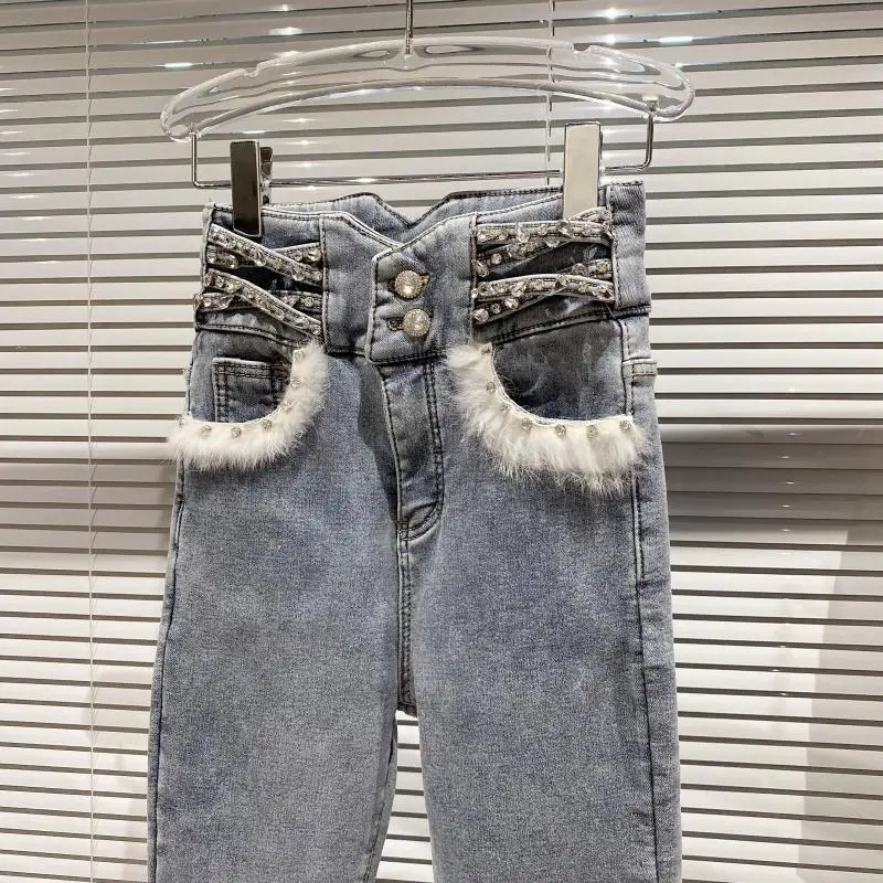 

Chimavvi 2021 Spring New White Jeans for Women Furry Rhinestone Beading Plus Velvet Office Lady Slim Pencil Pants Trousers