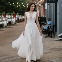 uzn chic ivory a line lace and tulle boho wedding dress sexy v neck sleeveless bridal gowns zipper back brides dresses