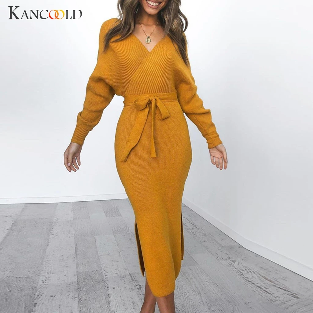 KANCOOLD dress Women Winter Backless V Neck Long Sleeve Dress Empire Evening Party With Belt fashion new women 2019Sep9 | Женская одежда