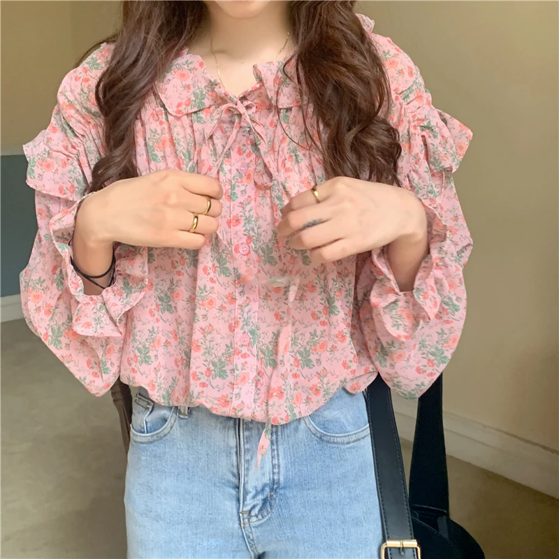

Flower Print Chiffon Blouse Women New Korean Fashion Clothing Causal Loose Long Sleeve Ruffled Shirts Hipster Sweet Style Tops