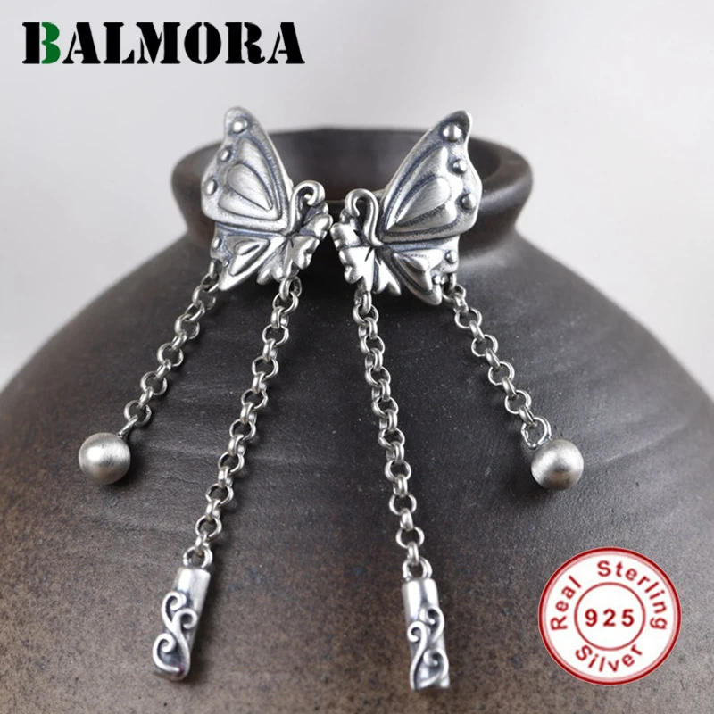 

BALMORA 100% Pure 925 Sterling Silver Stud Butterfly Earring For Women Tassel Stud Silver Beads Ear Stud Handmade Jewelry Gift