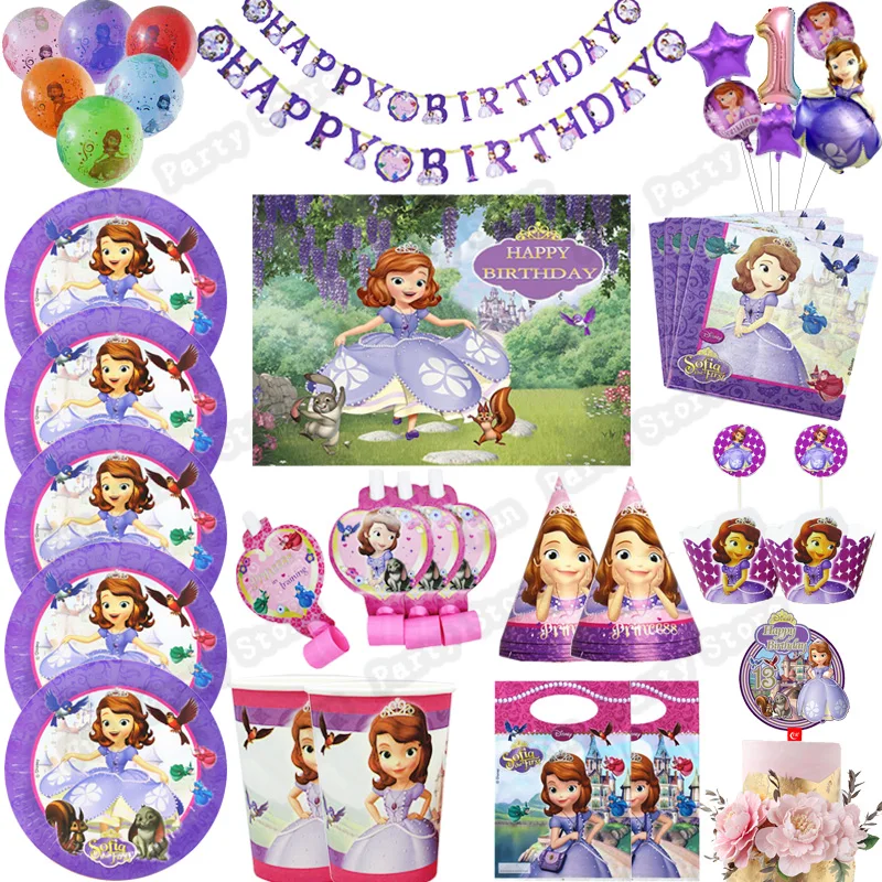 Disney Princess Sofia Theme Party Tableware Girl Kids Birthday Disposable Decor Plates Cups Napkins Balloon Baby Shower Supplies