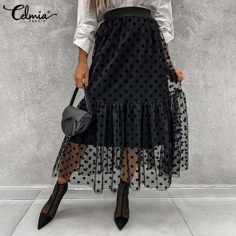 

Celmia 2021 Fashion Women Polka Dot Skirt Bohemian Sexy Transparent Net Mesh Skirt Elastic High Waist Pleated Skirt Streetwear