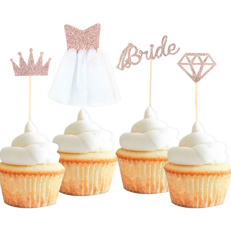 

12pcs Rose Gold Bride Diamond Ring Wedding Dress Crown Cupcake Toppers for Engagement Bridal Shower Bachelorette Hen Party Decor