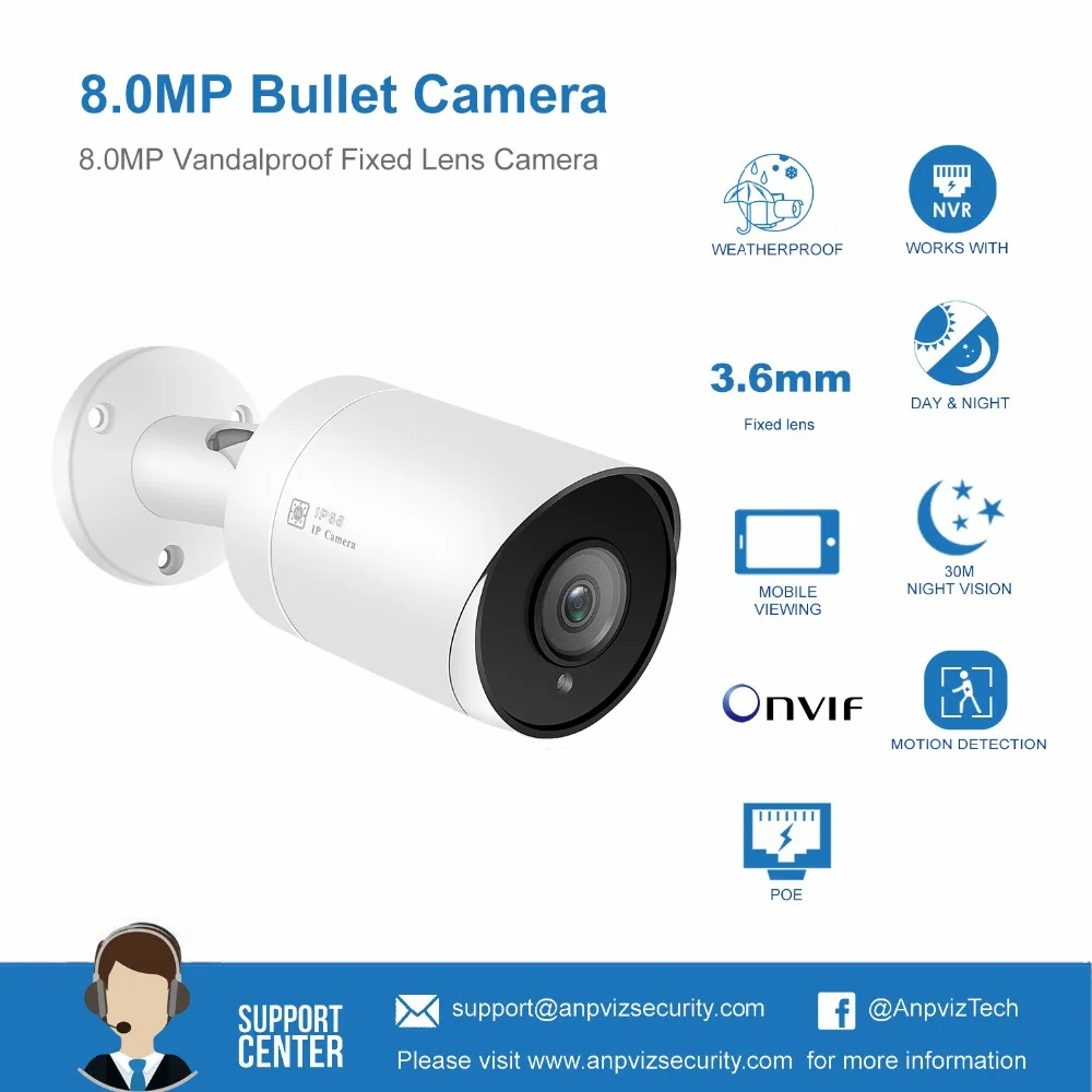 Anpviz(Hikvision совместимый) IPC-B880W-D 8MP цилиндрическая POE ip-камера H.265 наружная ONVIF совместимый IP66 IR 30m наблюдение