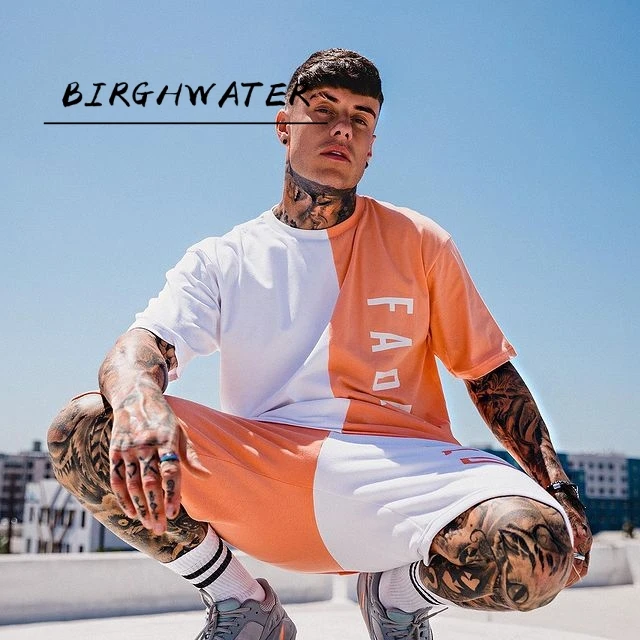

Loose Tracksuit New Short Sleeve Sports Men Suit Slim Hot 2-Piece Sets Patchwork Printed Men's Summer O-Neck All-match Shirts