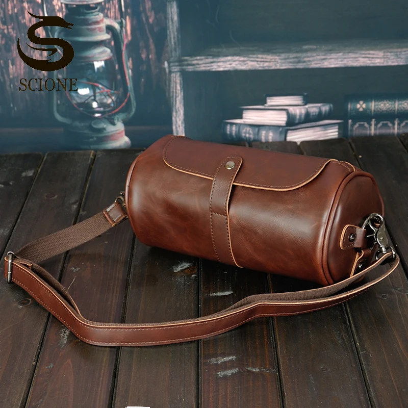 

2021 Fashion Retro Bags Men PU Leather Crossbody Bag Male High Quality Shoulder Bags Barrel-shaped Travel Bag Black Brown XA266M