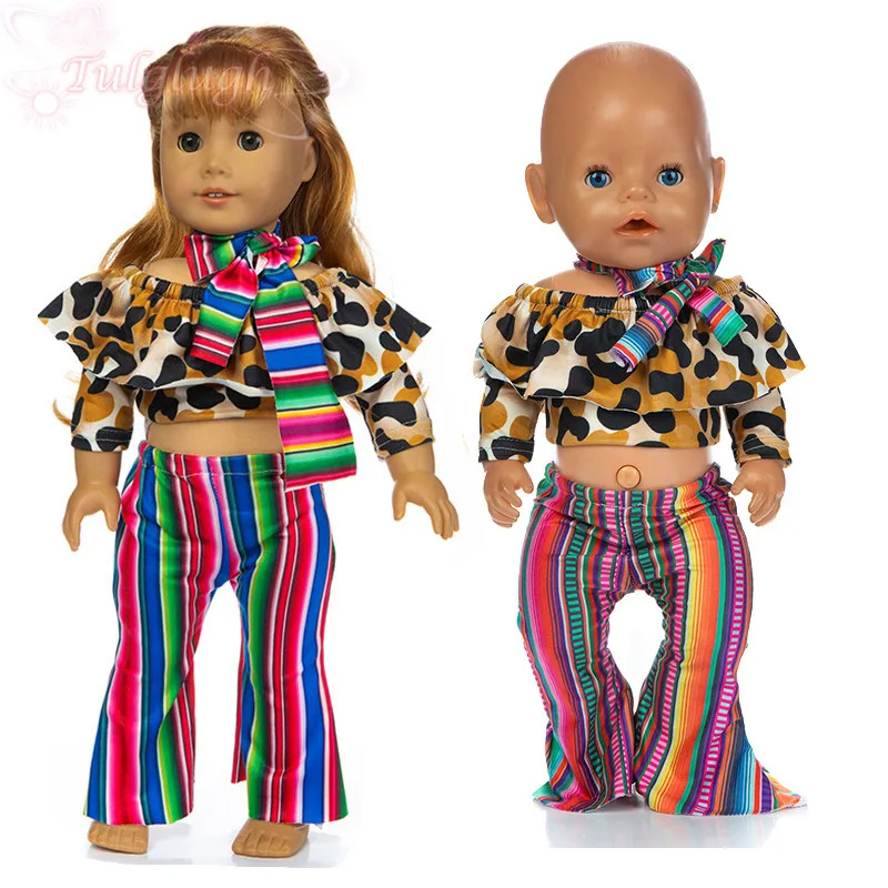 

Leopard Print Bohemian Set Silk Scarf+Pink T-shirt+Bell-bottoms Suit Fit 43cm Baby New Born Doll,18inch Doll Clothes Accessories