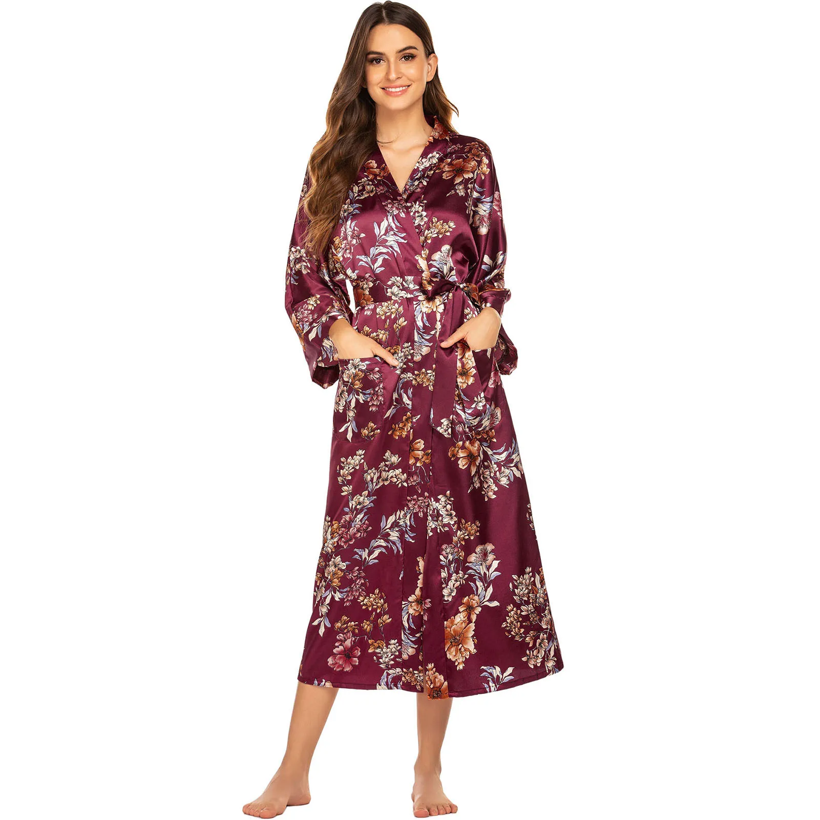 

Women Night Robe Floral Print Tops Leaves Birds Chain Satin Detachable Sash Nightgown Nightdress Sleepwear