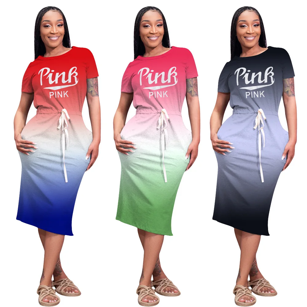 

Summer Women Printed Gradient Long Dress Beach Dresses Casual Pink Maxi Lacing Sundress 2021 Summer Vacation Clothes for Women