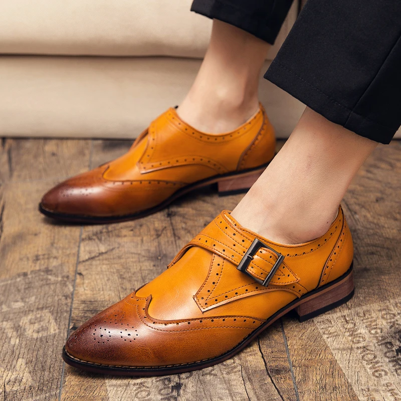 

2021 Spring Autumn Men's Dress Shoes Mix Color Fashion Brogue Shoes Brown PU Peather Monk Shoes Slip-on Loafers Plus Size 48 new