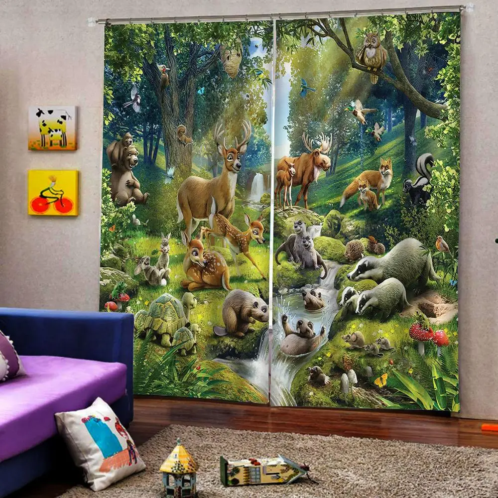 

Green animal forest curtains for kids room window curtains for living room bedroom blackout curtains
