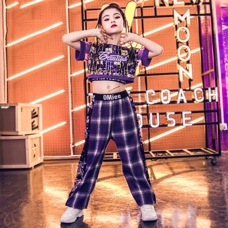 Girls Jazz Dance Costume Kids Hip Hop Purple Sequin Suit Children Street Performance Clothes Catwalk Show Outfit DQL1909 |