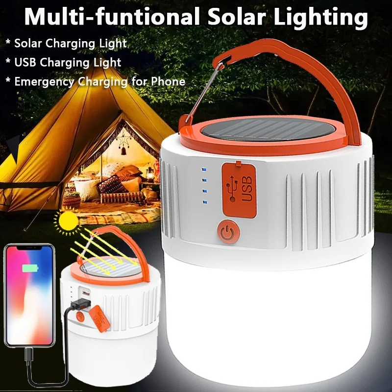 

Solar Powered LED Camping Tent Light Outdoor Lighting with Input Output USB Port for Emergency Cell Phone Charging Lantern